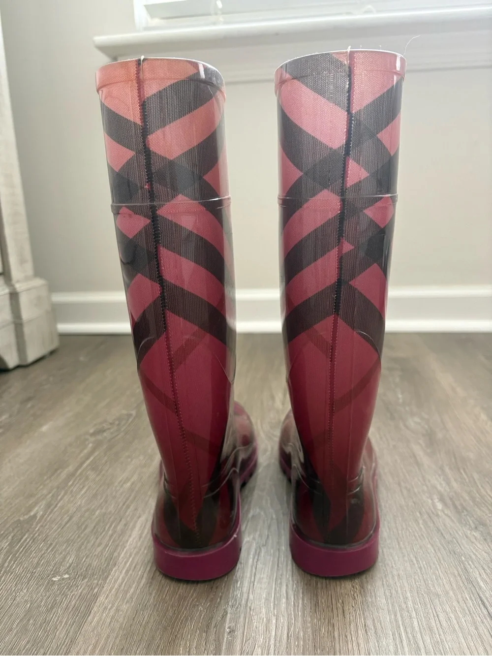 Burberry Pink and Black Patterned Tall Rain Boots